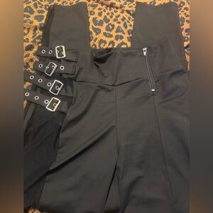 Sheer Sides- Black Leggings with Buckle Accents